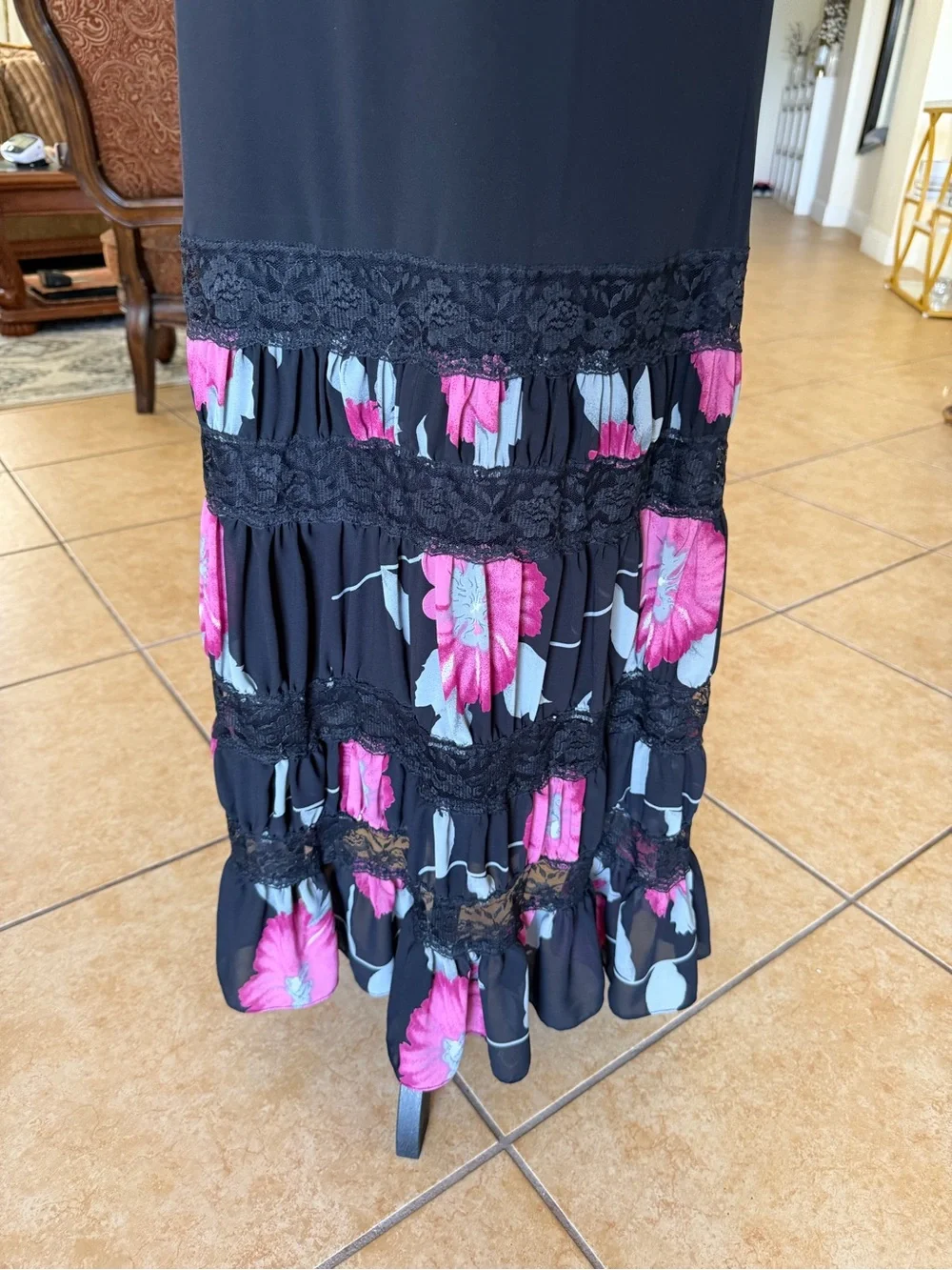 Gorgeous Black Maxi Skirt with Pink Floral lace Tiered Hem
